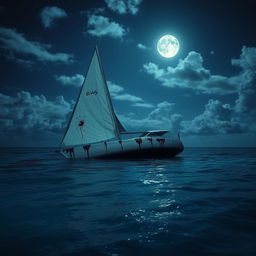 A partly cloudy moonlit night over the Caribbean ocean, featuring a partially sunk sailboat at the center of the image