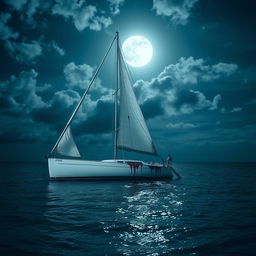 A partly cloudy moonlit night over the Caribbean ocean, featuring a partially sunk sailboat at the center of the image