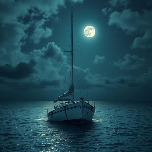 A partly cloudy moonlit night over the Caribbean ocean, featuring a partially sunk sailboat at the center of the image