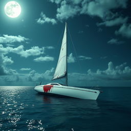A partly cloudy moonlit night over the Caribbean ocean, featuring a partially sunk sailboat at the center of the image
