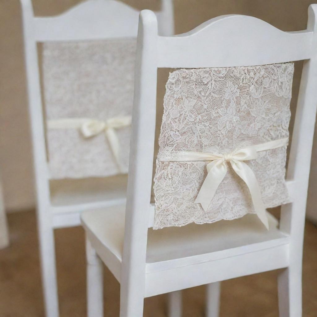 Detailed close-up of two white wooden chairs, each highlighted with a foam seat cushion tied to the chair frame with intricate sashes