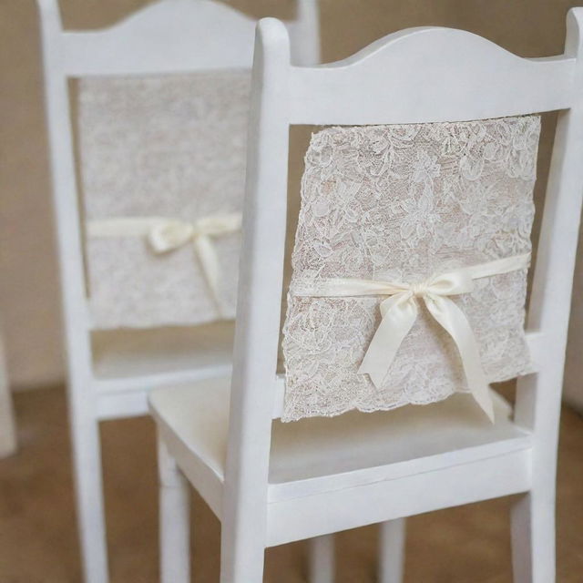 Detailed close-up of two white wooden chairs, each highlighted with a foam seat cushion tied to the chair frame with intricate sashes