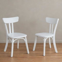 Two white wooden chairs, each furnished with a comfortable foam seat.