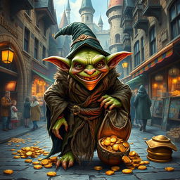 A mean-looking goblin wizard with a mischievous grin, dressed in tattered, mystical robes, stands amidst a bustling city street