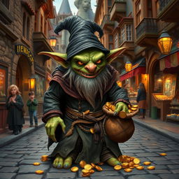 A mean-looking goblin wizard with a mischievous grin, dressed in tattered, mystical robes, stands amidst a bustling city street