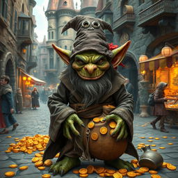 A mean-looking goblin wizard with a mischievous grin, dressed in tattered, mystical robes, stands amidst a bustling city street