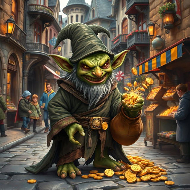 A mean-looking goblin wizard with a mischievous grin, dressed in tattered, mystical robes, stands amidst a bustling city street