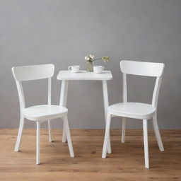 Two white wooden chairs, each furnished with a comfortable foam seat.