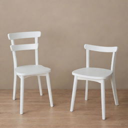 Two white wooden chairs, each furnished with a comfortable foam seat.