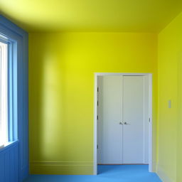 A 12x12 room with a single door and one side window. The front wall is painted in pure yellow, the remaining three walls are bright green, and the floor is clean blue.