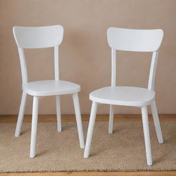 Two white wooden chairs, each furnished with a comfortable foam seat.