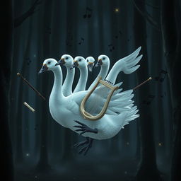 A captivating scene featuring a five-headed translucent goose with a striking black beak and feet, gracefully floating in a dark, enchanted forest