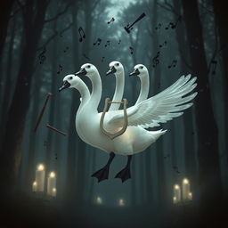 A captivating scene featuring a five-headed translucent goose with a striking black beak and feet, gracefully floating in a dark, enchanted forest