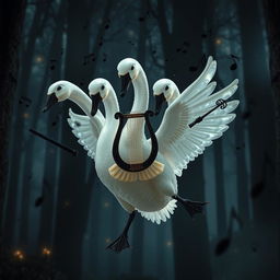 A captivating scene featuring a five-headed translucent goose with a striking black beak and feet, gracefully floating in a dark, enchanted forest