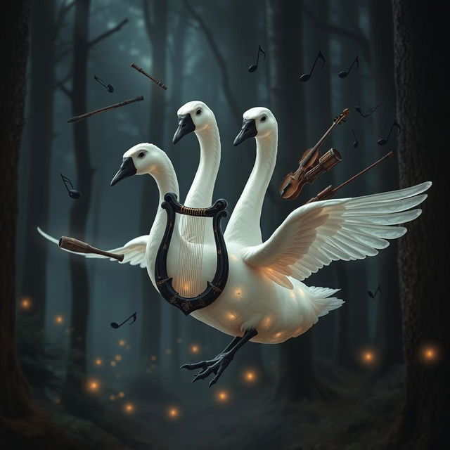 A captivating scene featuring a five-headed translucent goose with a striking black beak and feet, gracefully floating in a dark, enchanted forest