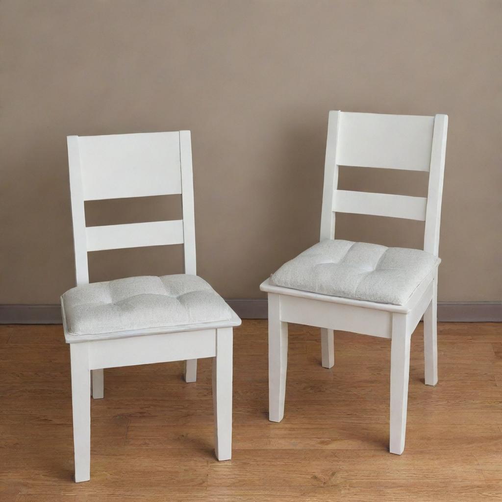 Two white wooden chairs, each adorned with a foam seat cushion neatly placed on top.