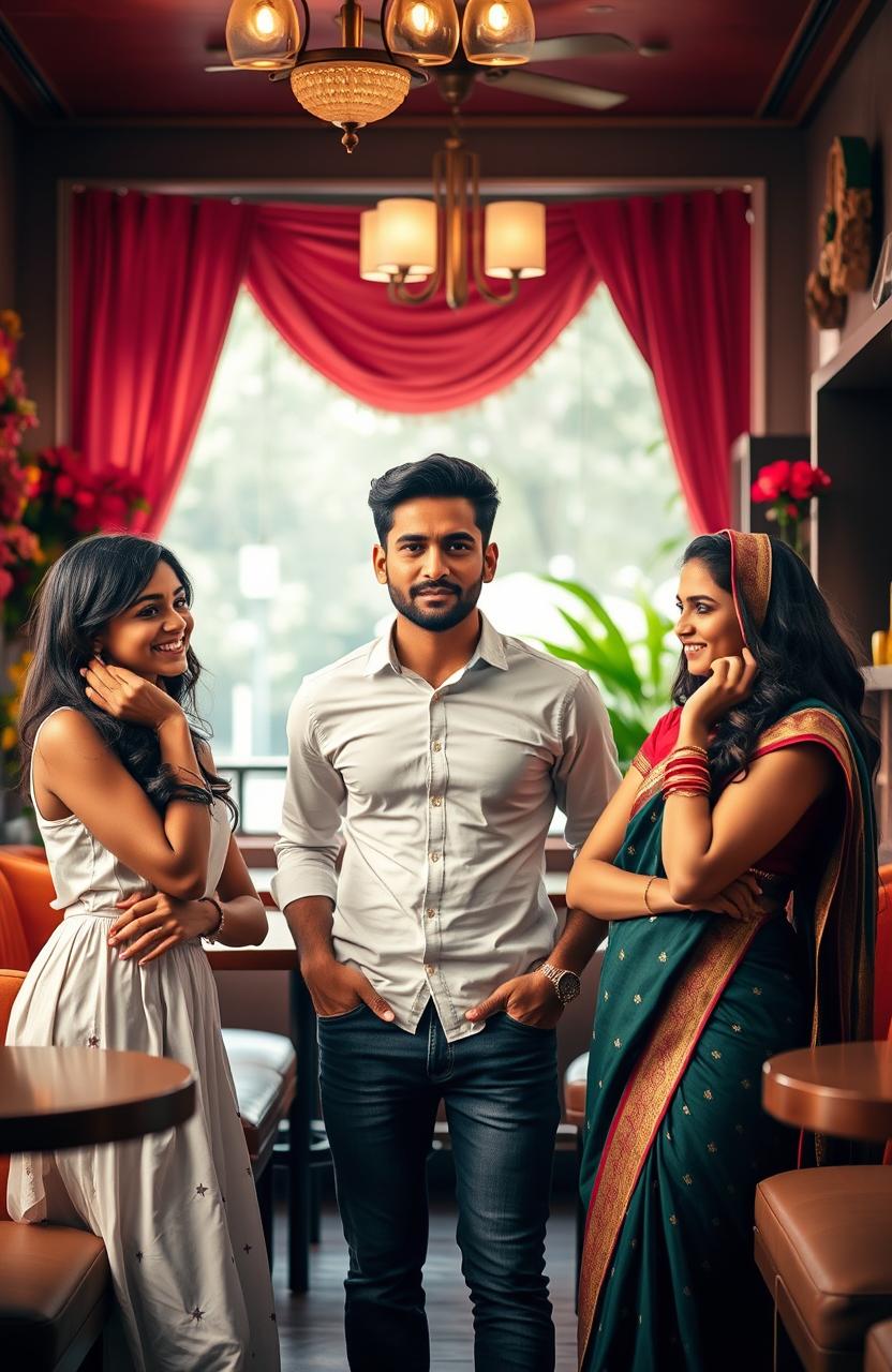 A scene inside a beautiful cafe featuring two stunning Indian girls: one in modern attire, looking happy and excited, and another in traditional Indian clothing, appearing confused