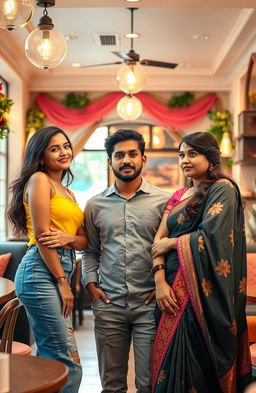A scene inside a beautiful cafe featuring two stunning Indian girls: one in modern attire, looking happy and excited, and another in traditional Indian clothing, appearing confused