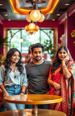 A scene inside a beautiful cafe featuring two stunning Indian girls: one in modern attire, looking happy and excited, and another in traditional Indian clothing, appearing confused