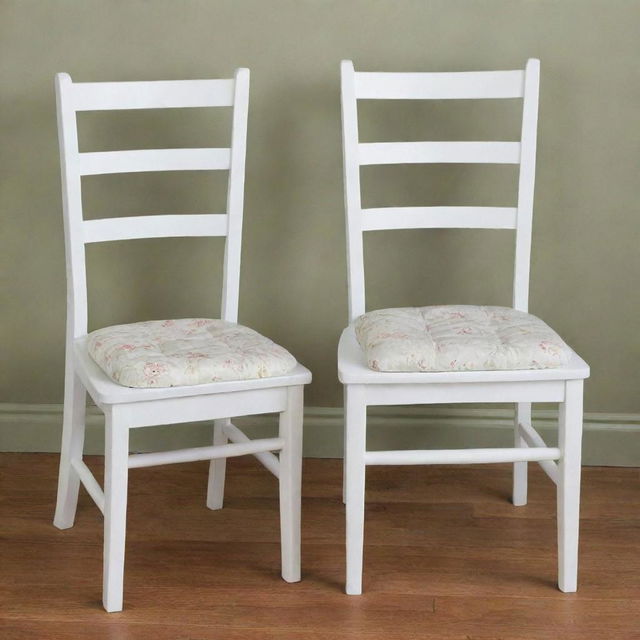 Two white wooden chairs, each adorned with a foam seat cushion neatly placed on top.