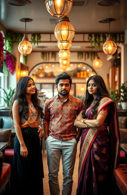 A scene inside a beautiful cafe featuring two stunning Indian girls: one in modern attire, looking happy and excited, and another in traditional Indian clothing, appearing confused