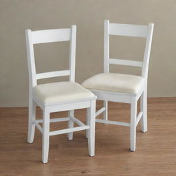 Two white wooden chairs, each adorned with a foam seat cushion neatly placed on top.