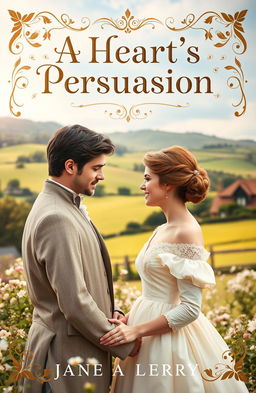 A charming and elegant novel cover design for 'A Heart's Persuasion' inspired by Jane Austen's regency era