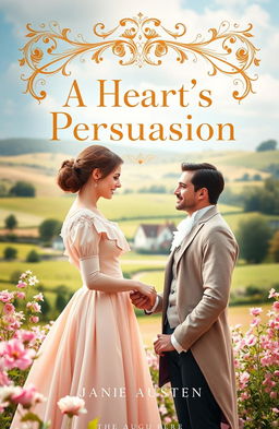 A charming and elegant novel cover design for 'A Heart's Persuasion' inspired by Jane Austen's regency era