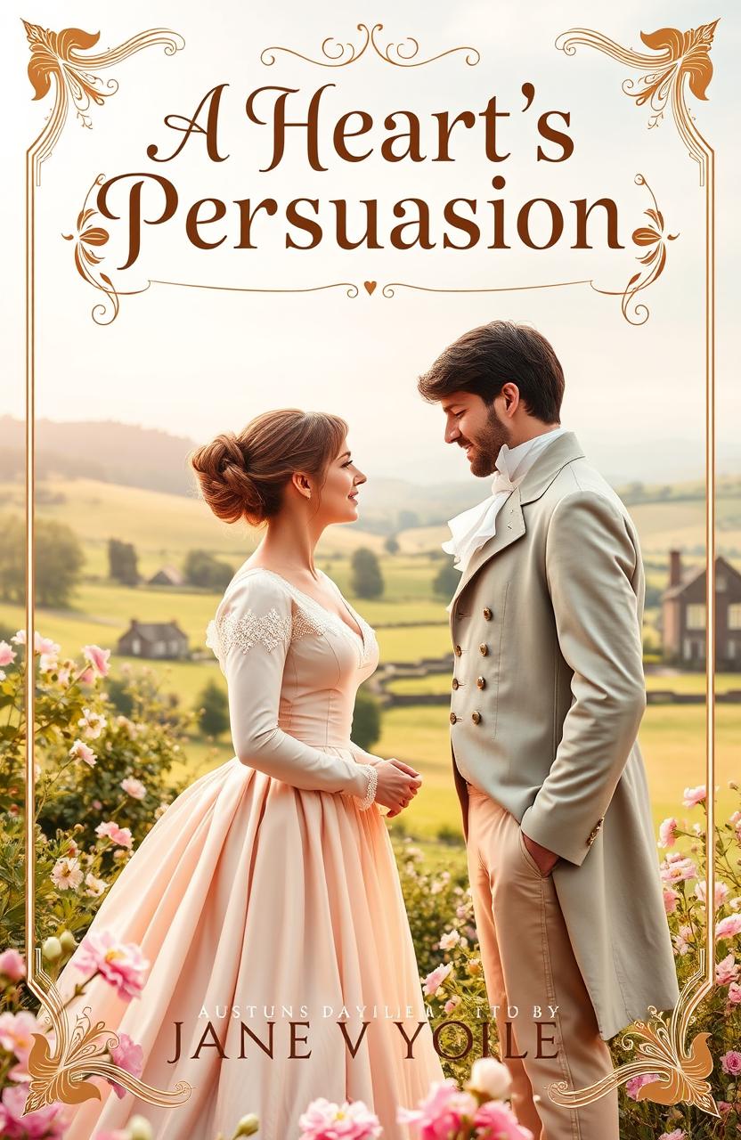 A charming and elegant novel cover design for 'A Heart's Persuasion' inspired by Jane Austen's regency era