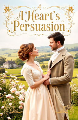 A charming and elegant novel cover design for 'A Heart's Persuasion' inspired by Jane Austen's regency era