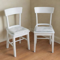 Two white wooden chairs, each adorned with a foam seat cushion neatly placed on top.