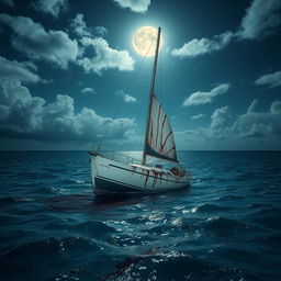 A Caribbean ocean scene on a partly cloudy moonlit night, featuring a partially sunk sailboat at the center of the composition