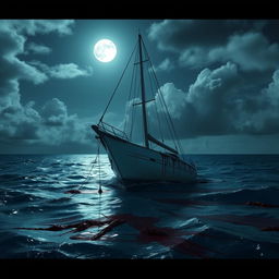 A Caribbean ocean scene on a partly cloudy moonlit night, featuring a partially sunk sailboat at the center of the composition