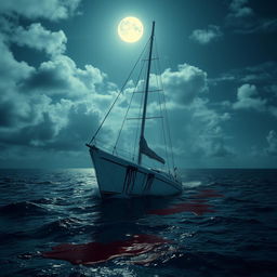 A Caribbean ocean scene on a partly cloudy moonlit night, featuring a partially sunk sailboat at the center of the composition