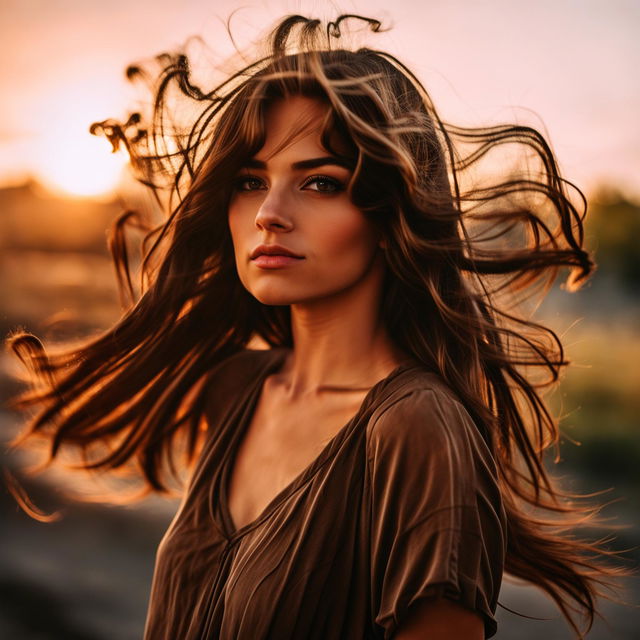 Candid full-body photograph of a 24-year-old brunette with hazel doe eyes, long lashes, and light freckles in casual outfit