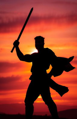 A dramatic silhouette of a strong man holding a sword, standing confidently with a poised stance
