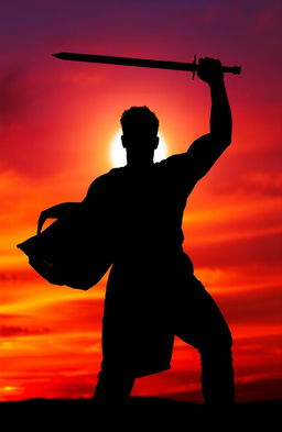 A dramatic silhouette of a strong man holding a sword, standing confidently with a poised stance