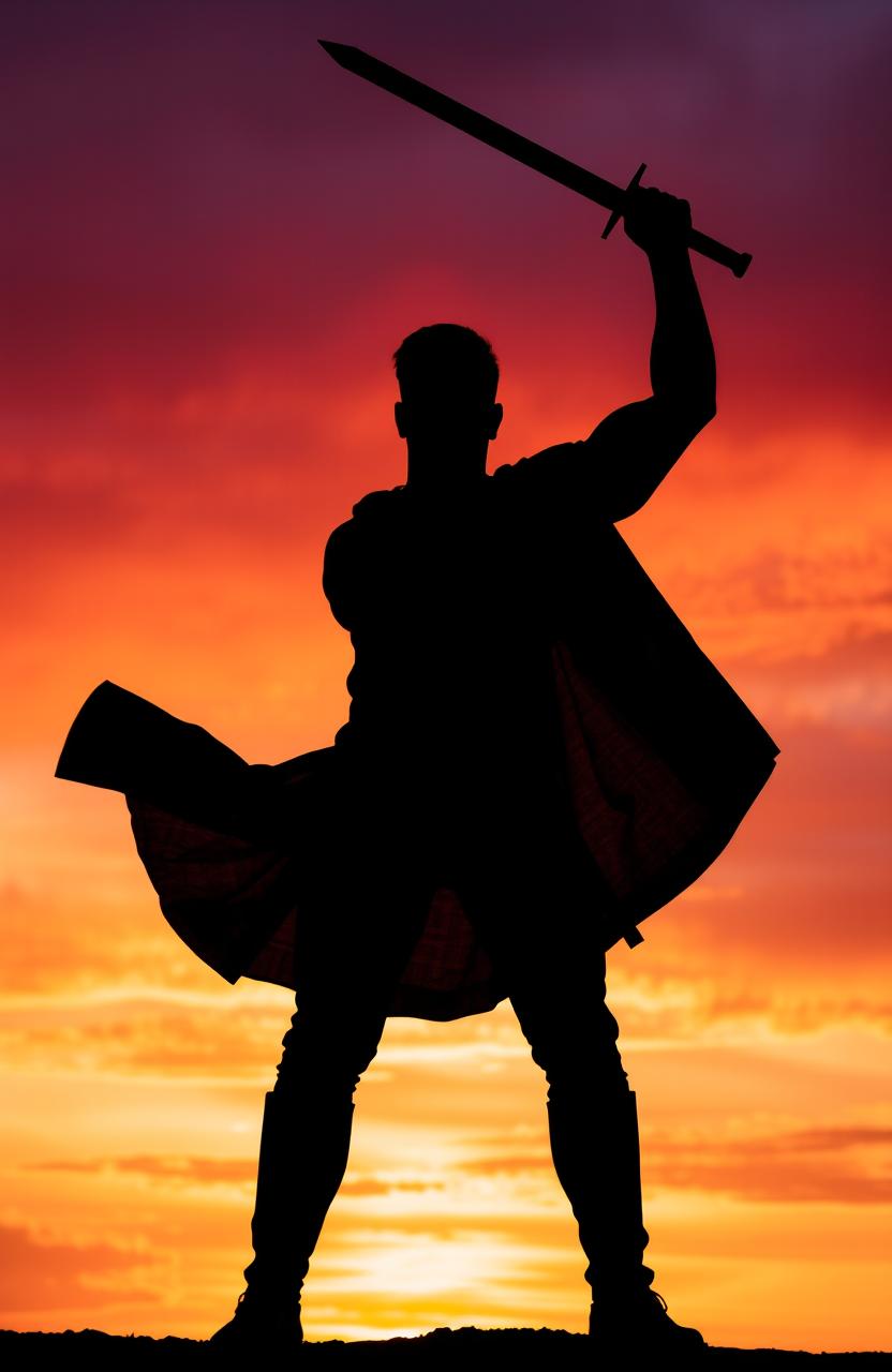 A dramatic silhouette of a strong man holding a sword, standing confidently with a poised stance