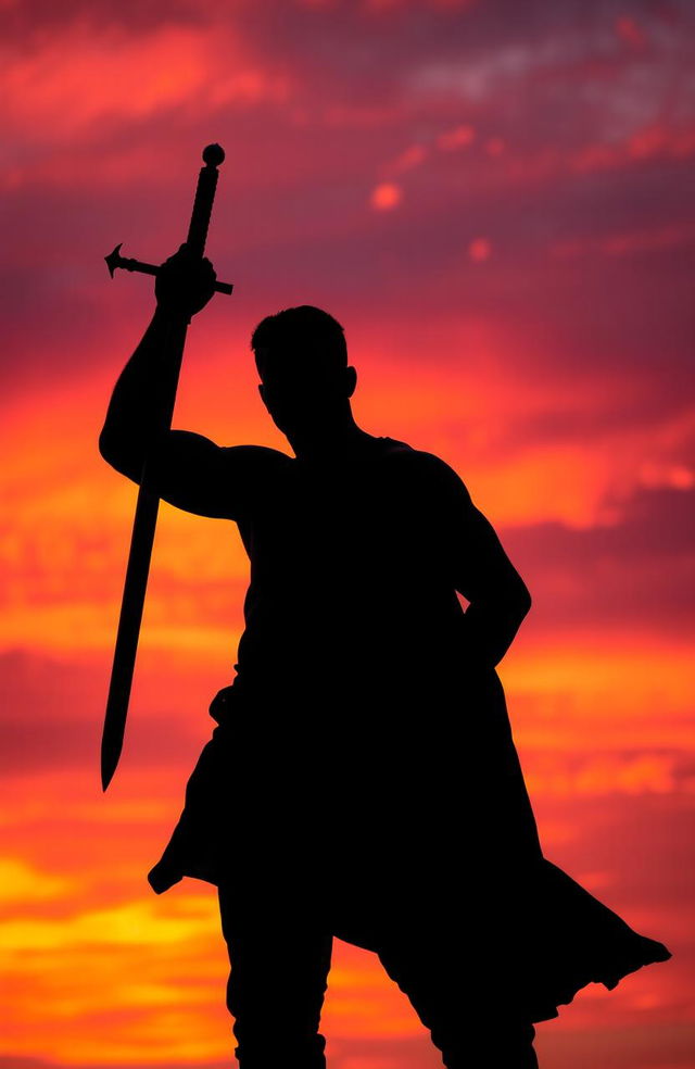 A dramatic silhouette of a strong man holding a sword, standing confidently with a poised stance