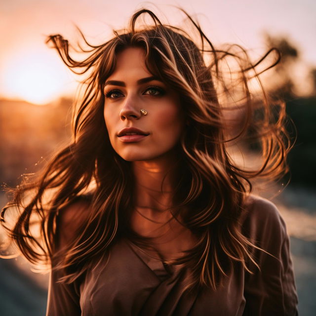 Candid full-body photograph of a 24-year-old brunette with hazel doe eyes, long lashes, and light freckles in casual outfit