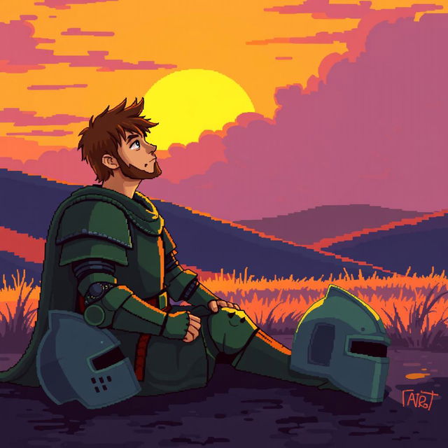 Pixel art depicting a tired green knight sitting on the ground, gazing at a vibrant sunset