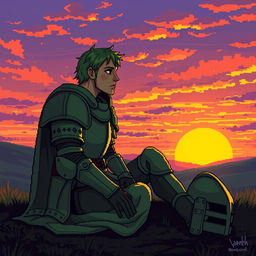 Pixel art depicting a tired green knight sitting on the ground, gazing at a vibrant sunset