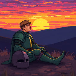 Pixel art depicting a tired green knight sitting on the ground, gazing at a vibrant sunset