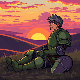 Pixel art depicting a tired green knight sitting on the ground, gazing at a vibrant sunset