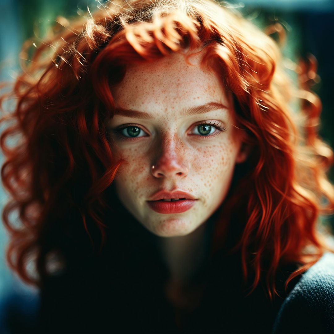 Portrait of a 20-year-old redhead woman with freckles, captured with a 100mm lens.