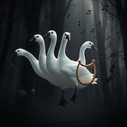 A fantastical scene featuring a five-headed translucent goose, each head gracefully displaying a distinct expression