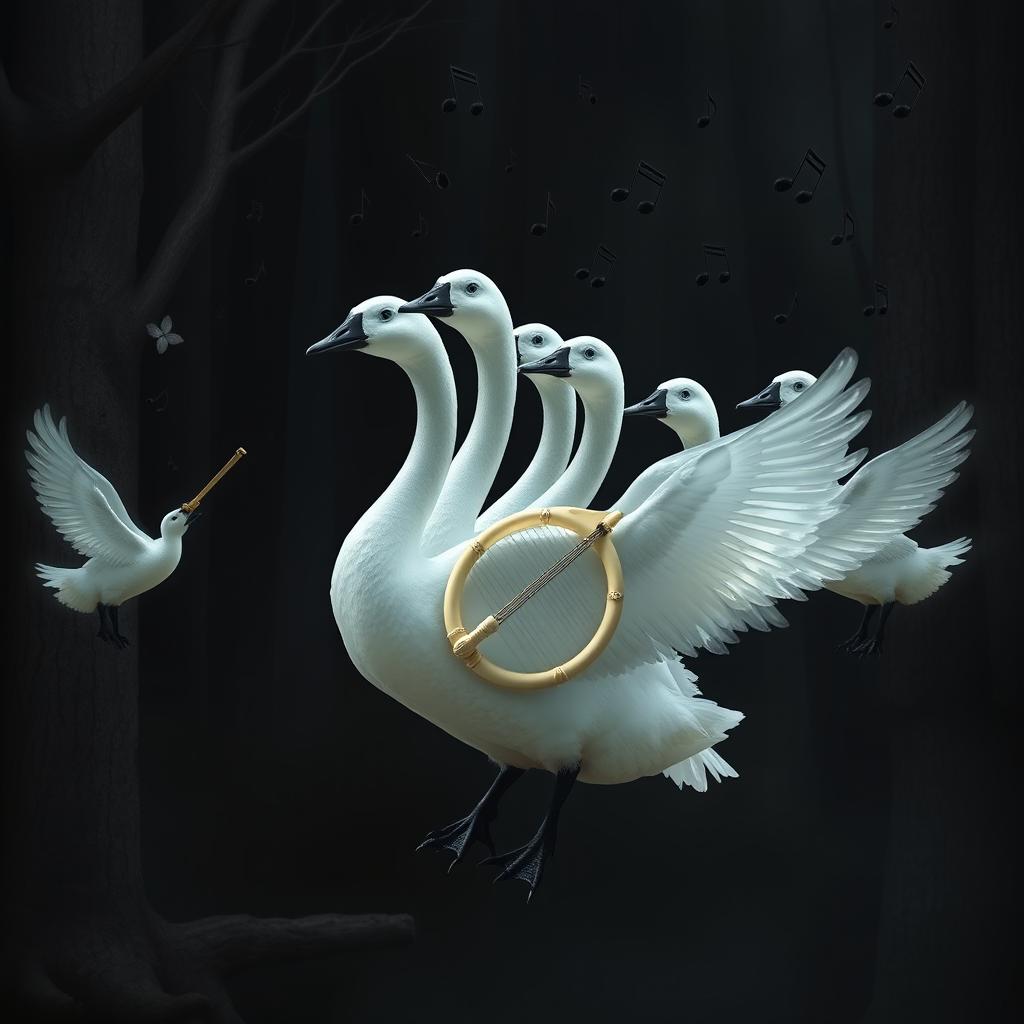 A fantastical scene featuring a five-headed translucent goose, each head gracefully displaying a distinct expression