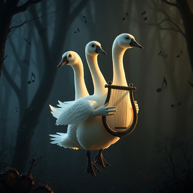 A fantastical scene featuring a five-headed translucent goose, each head gracefully displaying a distinct expression