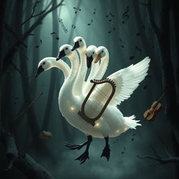 A fantastical scene featuring a five-headed translucent goose, each head gracefully displaying a distinct expression