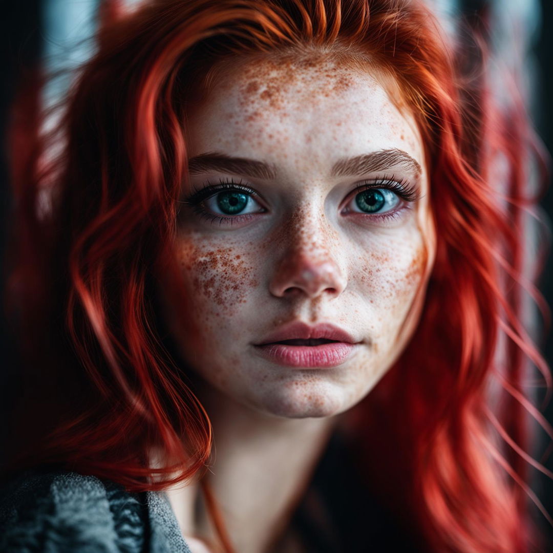 Portrait of a 20-year-old redhead woman with freckles, captured with a Sony Alpha 7R IV and Sony FE 90mm f/2